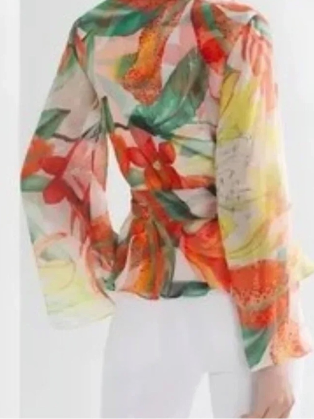 White House Black Market V-Neck Sheer Floral Top - Orange, Green, Red, Cream - Picture 4 of 12